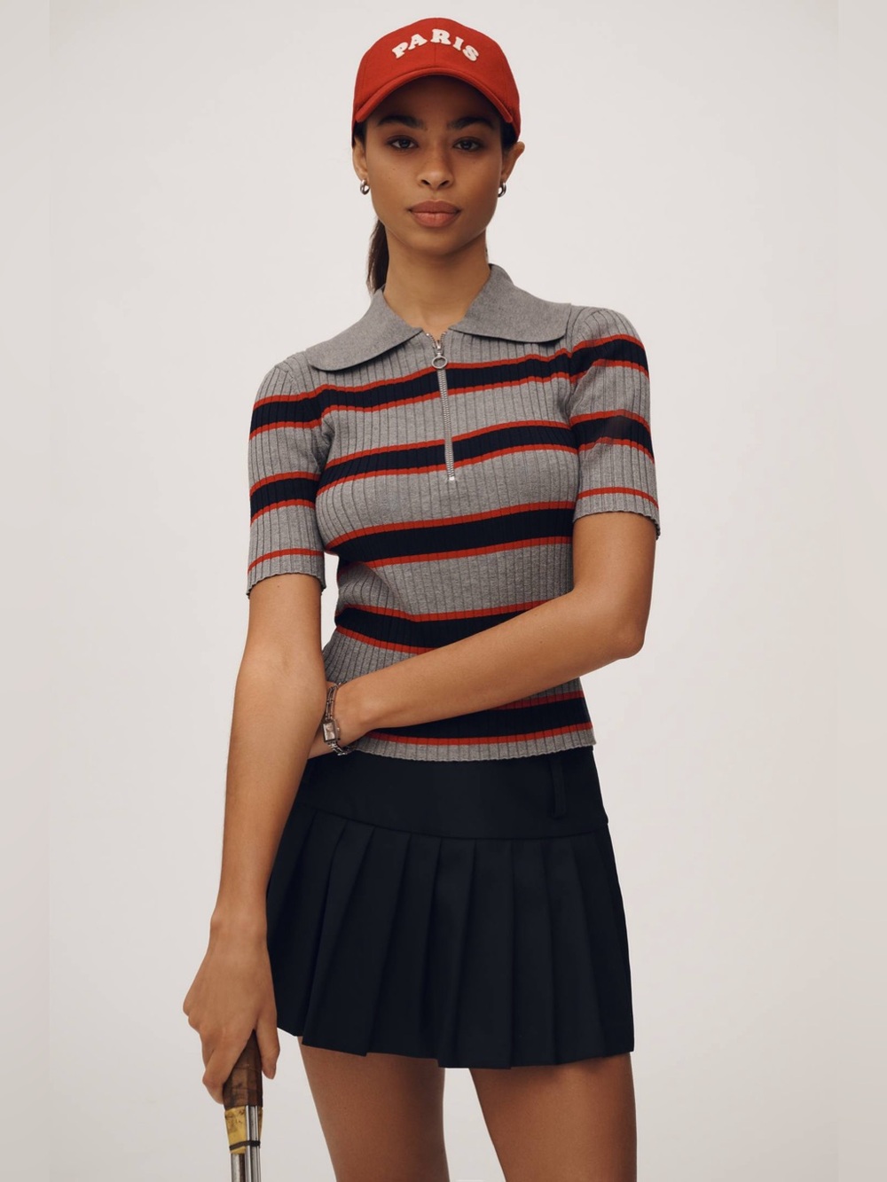 Anthropologie Maeve Gray Striped Zip Polo Sweater